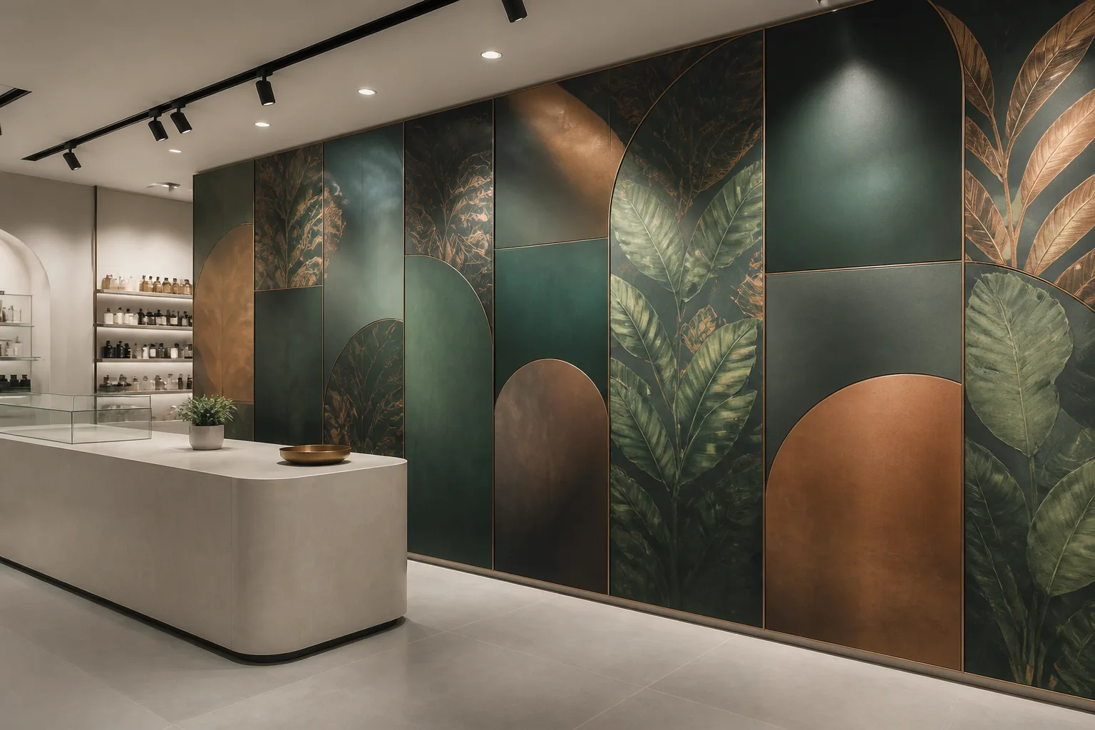 Projection conceptuelle d'une boutique avec panneaux botaniques et baguettes