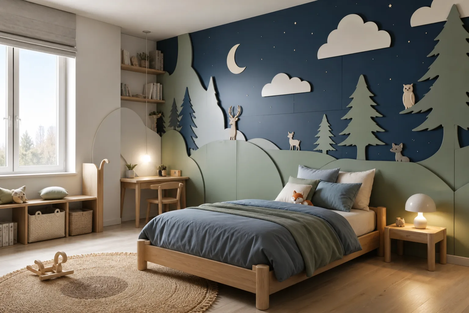 Projection conceptuelle d'une chambre avec décor mural découpé